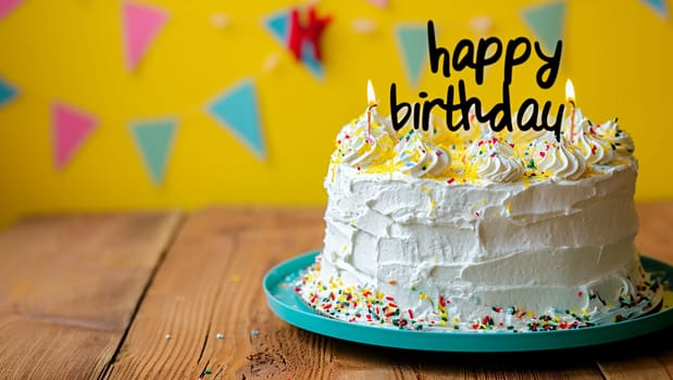 A delicious, delicate cake with the inscription Happy Birthday. A birthday dessert that looks beautiful and appetizing. High quality photo