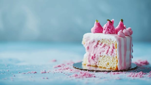 Delicious delicate cake with pink icing on a blue background. A festive dessert for a birthday. Birthday greetings. High quality photo