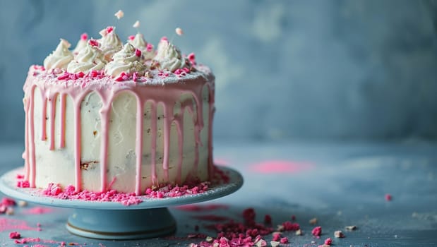 Delicious delicate cake with pink icing on a blue background. A festive dessert for a birthday. Birthday greetings. High quality photo