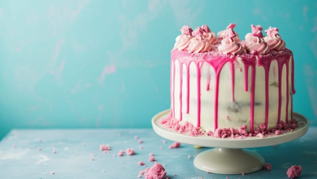 Delicious delicate cake with pink icing on a blue background. A festive dessert for a birthday. Birthday greetings. High quality photo