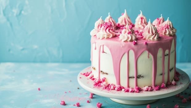 Delicious delicate cake with pink icing on a blue background. A festive dessert for a birthday. Birthday greetings. High quality photo