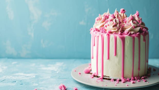 Delicious delicate cake with pink icing on a blue background. A festive dessert for a birthday. Birthday greetings. High quality photo