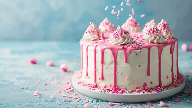 Delicious delicate cake with pink icing on a blue background. A festive dessert for a birthday. Birthday greetings. High quality photo