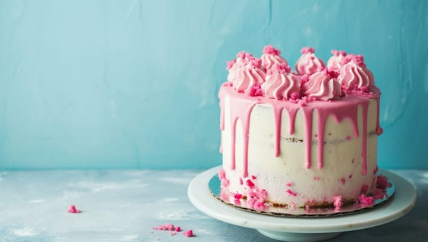 Delicious delicate cake with pink icing on a blue background. A festive dessert for a birthday. Birthday greetings. High quality photo