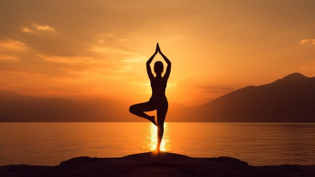 Yoga woman silhouette during a sunset, healthy lifestyle concept