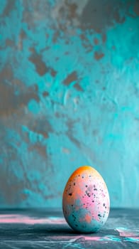 Easter egg with a textured surface, combining splatters of pink, black, and hints of yellow against a muted teal background. The composition is simple yet evocative, capturing the spirit of Easter