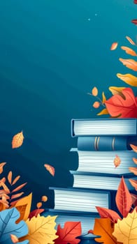 books with a creative twist, surrounded by colorful autumn leaves against a deep teal background. vertical banner with copy space