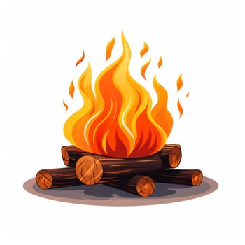 Flaming Night: A Warm Campfire Illustration with Vibrant Bonfire Flames and Burning Firewood on a Yellow Background