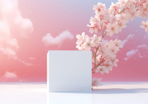 Pastel Blossoms: A Romantic Sakura Cherry Tree in Full Bloom, Framed by Fresh White Petals on a Soft Pink Background.