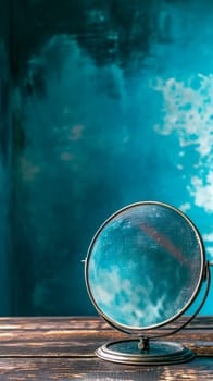 mirror on a wooden surface with a teal blue. The globe appears to be devoid of the usual geographical details, blank surface, world of possibilities, the unknown, or a fresh start