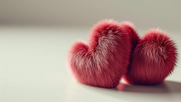 Two lush hearts made of wool. Woollen symbols of love together. Care and trust. High quality photo