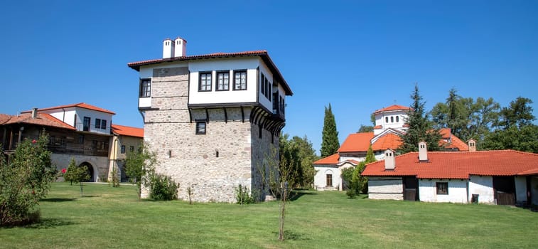 Panoramic view of Arapovo Monastery of Saint Nedelya and Tower of Angel Voivode, Plovdiv Region, Bulgaria