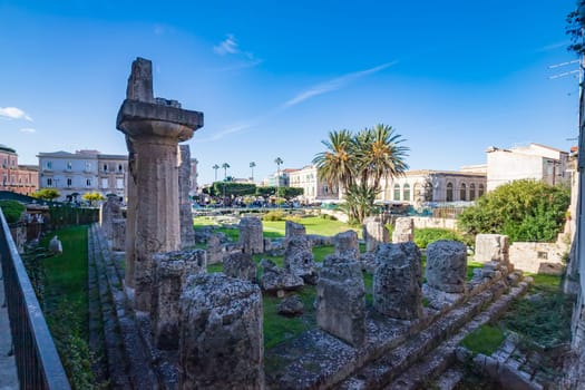 Remains of Temple of Apollo at Piazza Pancali. It is one of the most important ancient Greek monuments on Ortigia island