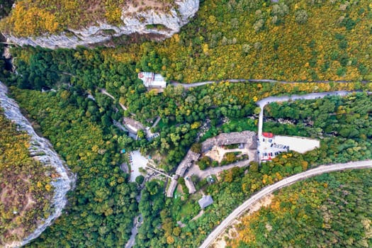 View from above of the picturesque valley and the Dryanovsky Monastery of St. Archangel Michael