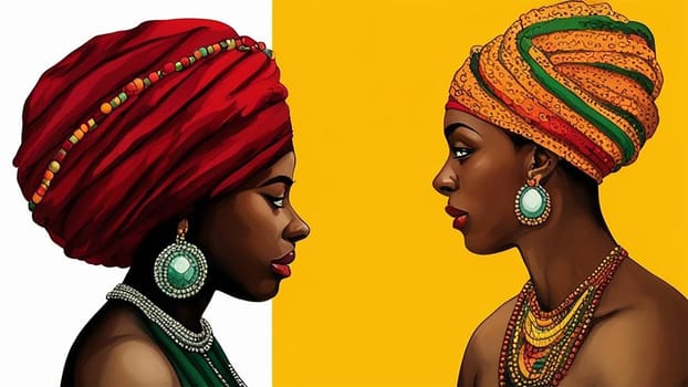 Two black women with earrings on a yellow and white background, set of profiles. The concept of the International Day against Racial Discrimination.