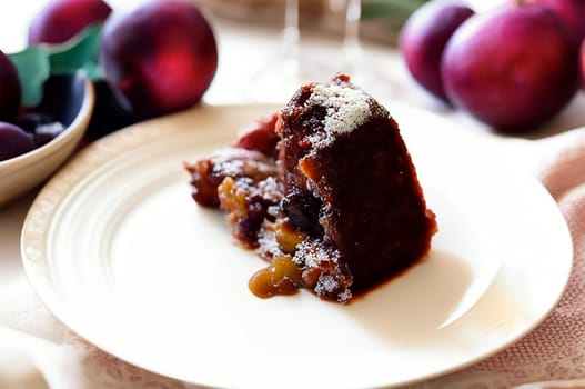 Traditional Christmas pudding, a piece of fruit pie on a plate. In the background, fruits are ripe plums. Plum Pudding Day.