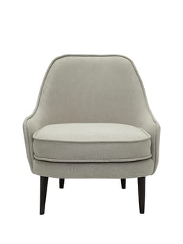 modern fabric grey armchair with wooden legs isolated on white background, front view.