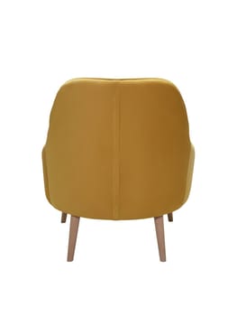 modern yellow fabric armchair with wooden legs isolated on white background, back view.
