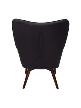 modern black fabric armchair with wooden legs isolated on white background, back view.