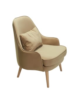 modern beige fabric armchair with wooden legs isolated on white background, side view.