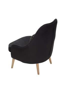 modern black fabric armchair with wooden legs isolated on white background, back view.