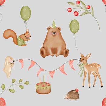 Watercolor seamless pattern of cute forest animals. Cute bear, fawn, bunny, hedgehog and squirrel. Birthday of animals in the forest. For printing on textiles and children's bedding. High quality illustration