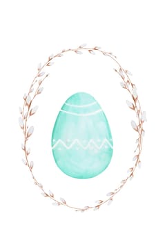 Watercolor Easter drawing card template with a green pastel colored egg in a frame of willow branches. For designing cute cards and invitations. Isolate on a white background, ready-made postcard. High quality illustration