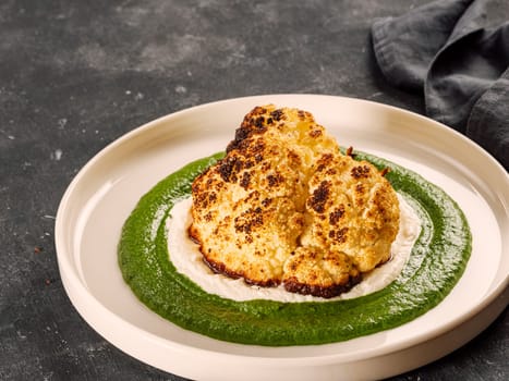 Cauliflower steak with green and white puree. Grilled cauliflower as vegan and vegetarian food concept. Healthy food ideas and menu.