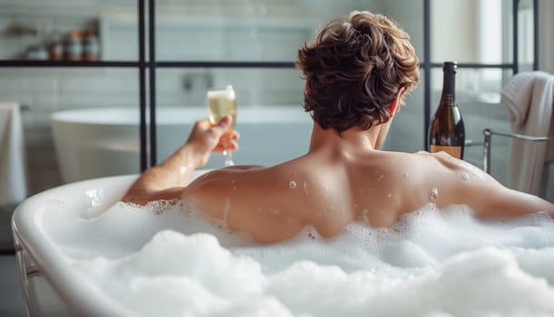International Quirkyalone Day, February 14. Back View Young Male Has a Glass of Champagne and Enjoying Time in Bathtub with Bath Foam in Modern Bathroom. AI Generated Horizontal High quality