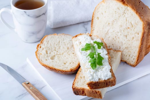 Sandwich with cottage cheese. Healthy eating concept.