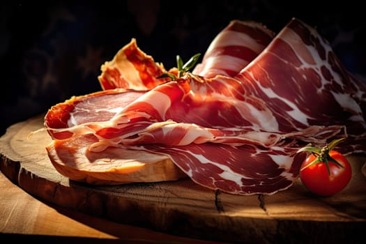 Thin slices of meat jamon, composition with tomato on a wooden cutting board on a black background. Delicious shot with bacon. Close-up.