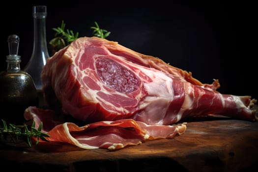 Thin slices of meat jamon, composition with herbs, razmorin, and glass bottles with sauce on a wooden cutting board on a black background. Delicious shot with bacon. Close-up.