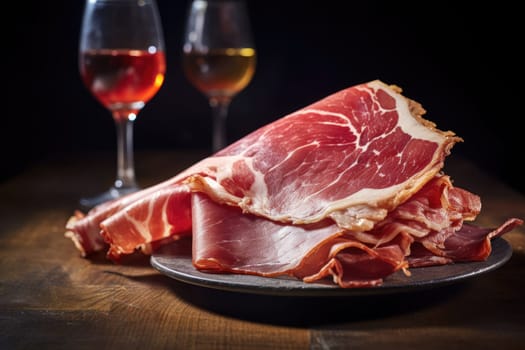 Food concept. Thin slices of meat jamon on a black plate and two glasses of wine, on a black background. Delicious shot with bacon. Close-up.