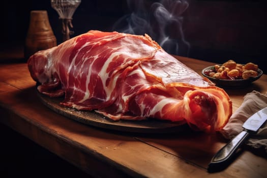 Food concept. Cured pork leg of jamon with thin slices of meat jamon on a wooden table on a black background. Delicious shot with bacon. Close-up. With haze.