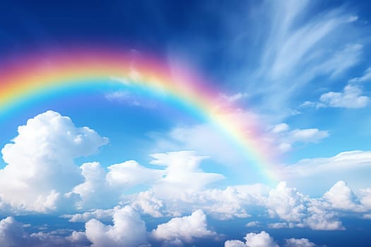 3d rendering, abstract panoramic background, with rainbow above the closed blue door in the sky with fluffy clouds.