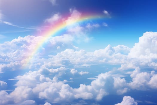 3d rendering, abstract panoramic background, with rainbow above the closed blue door in the sky with fluffy clouds.