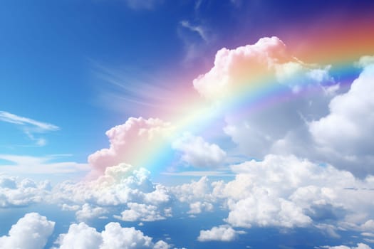 3d rendering, abstract panoramic background, with rainbow above the closed blue door in the sky with fluffy clouds.