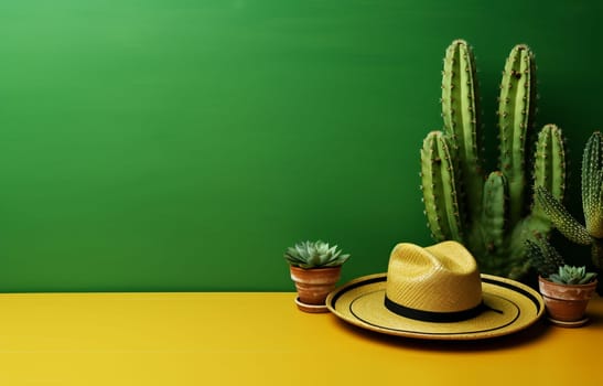 Cinco de Mayo holiday background with Mexican cactus, maracas and party sombrero hat. Top view, flat lay. High quality photo