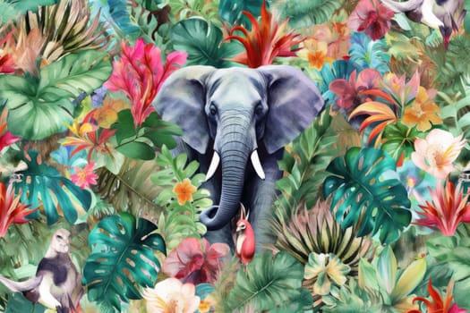 Tropical exotic pattern with animal and flowers in bright colors and lush vegetation. Ai Generative