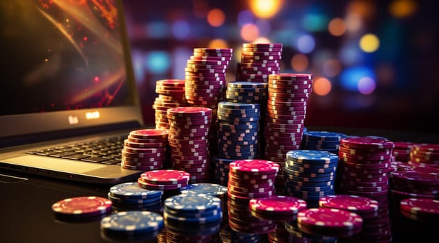 Online casino, betting concept. Poker chips and dice on black computer laptop keyboard. 3d illustration.