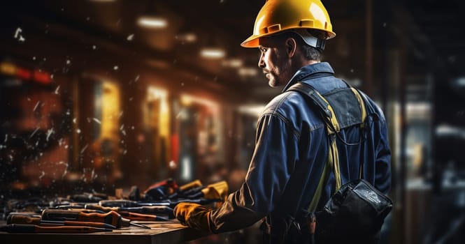 Heavy Industry Engineering Factory Interior with Industrial Worker Using Angle Grinder and Cutting a Metal Tube. Contractor in Safety Uniform and Hard Hat Manufacturing Metal Structures. High quality photo