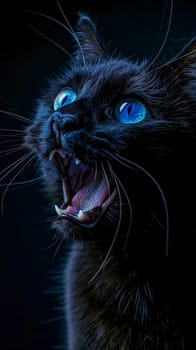 black cat with striking blue eyes and mouth wide open, creating a dynamic and almost mystical presence. The cat's fur textures and sharp fangs are highlighted against the dark backdrop, vertical