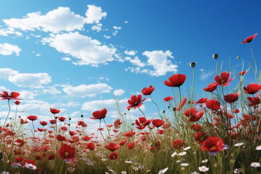 Red poppy flowers in a summer meadow, Papaver rhoeas. High quality photo