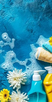 cleaning supplies and accessories with flowers on a textured blue background with copy space, vertical banner with copy space