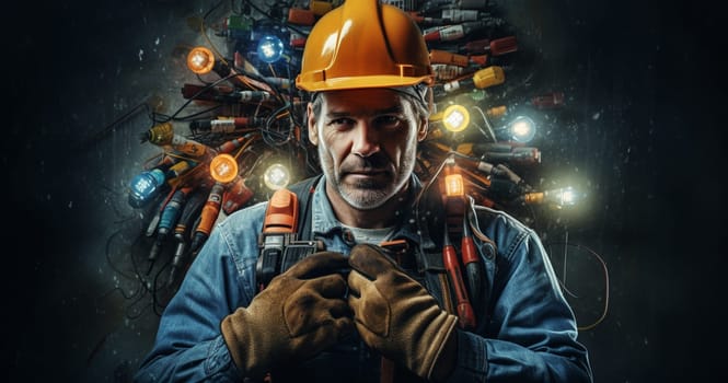 Portrait of Young Professional Heavy Industry Engineer Worker Wearing Safety Vest and Hardhat Smiling on Camera. In the Background Unfocused Large Industrial Factory where Welding Sparks Flying. High quality photo