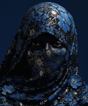 Portrait of eastern woman closeup with blue scarf. Arabian woman. High quality photo