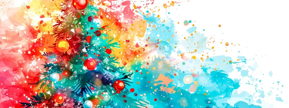 vibrant watercolor explosion of colors with a Christmas tree adorned with ornaments, ideal for a festive background with space for text