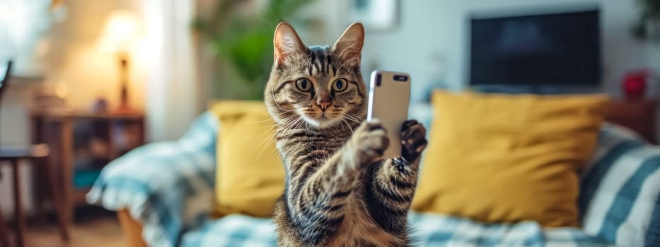 adorable cat holding a smartphone as if taking a selfie, with a cozy home background lit by warm lights. banner