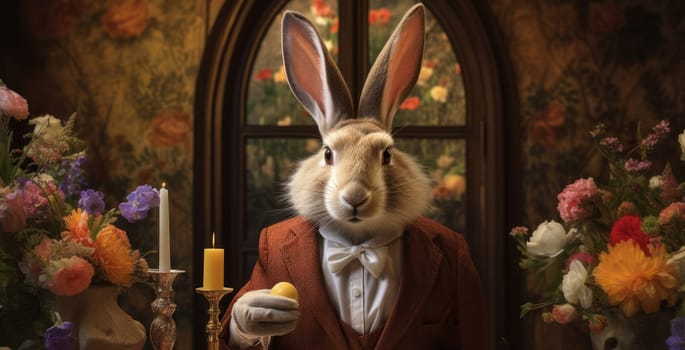 One large gentleman rabbit in a red jacket and a white shirt with a bow tie sits at a table in a festive room and holds a yellow Easter egg in his hand. Against the background of flowers in a vase.