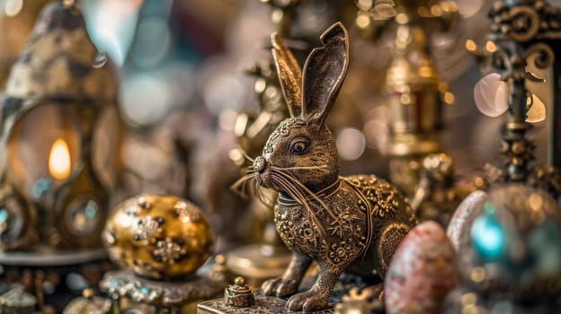 steampunk-themed Easter composition, featuring a mechanical rabbit intricately decorated with gears and filigree, alongside ornate eggs, set against a blurred backdrop of vintage objects